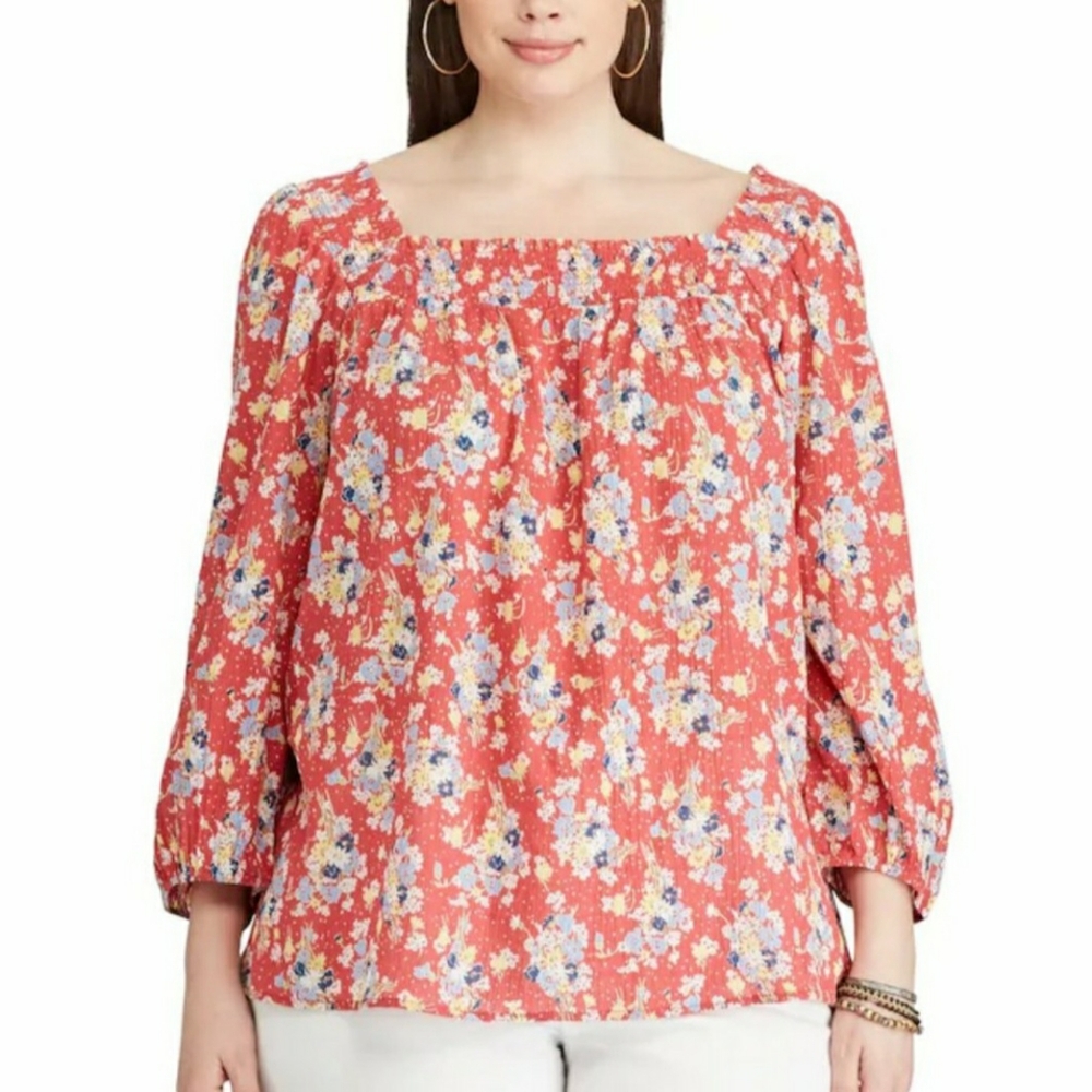 Chaps (EUC) Boho Coral Ditzy Floral Square Neck Top Size XL